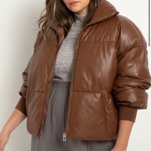 Faux Leather Puffer Coat in Friar Brown